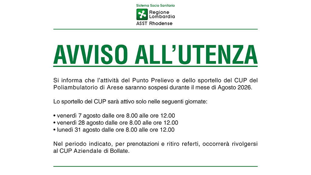 Chiusura Poliambulatorio Arese Agosto